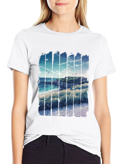 Coastal Vista Graphic Tee - Black Cotton T-Shirt