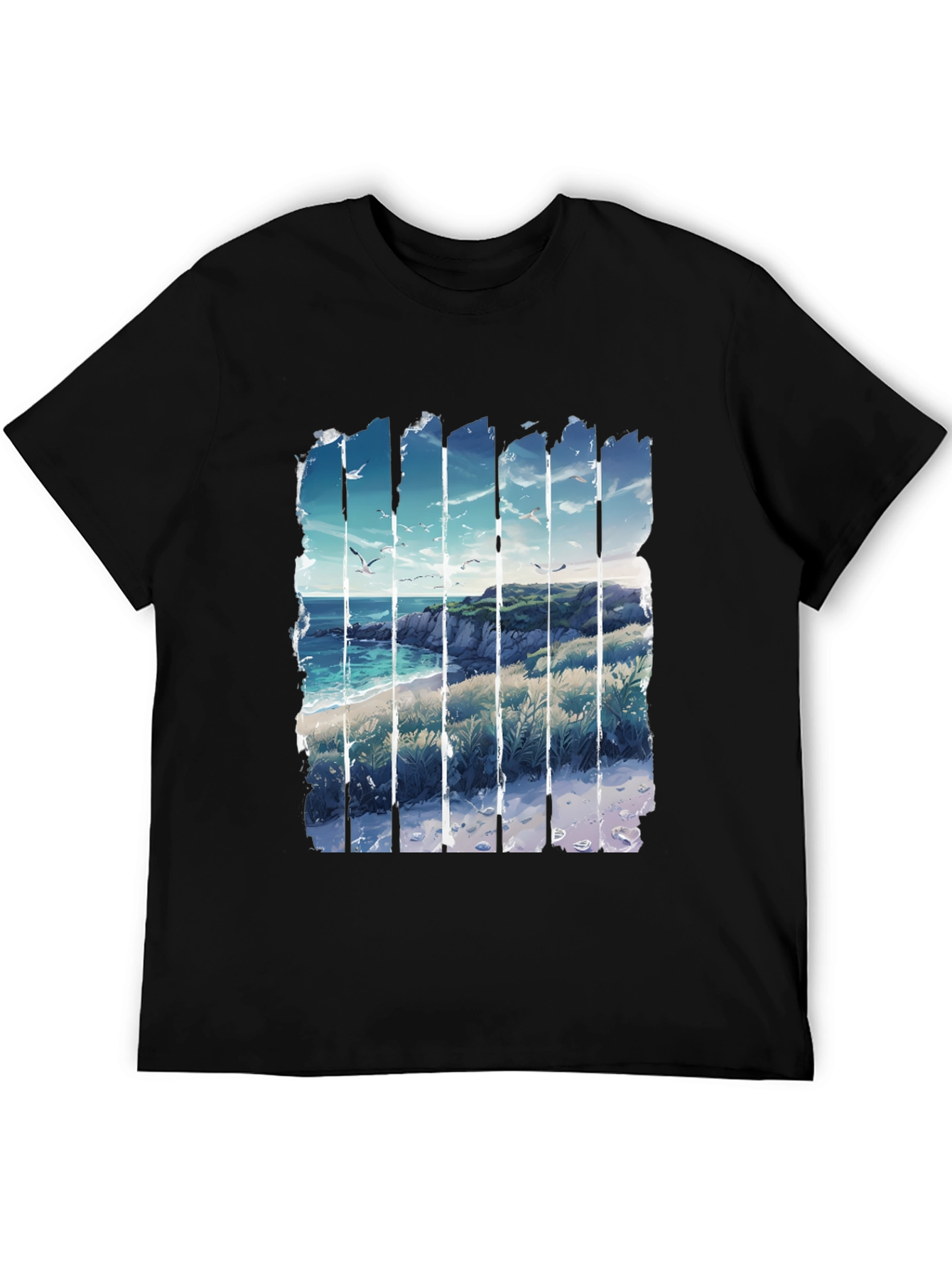 Coastal Vista Graphic Tee - Black Cotton T-Shirt