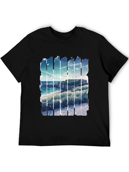 Coastal Vista Graphic Tee - Black Cotton T-Shirt