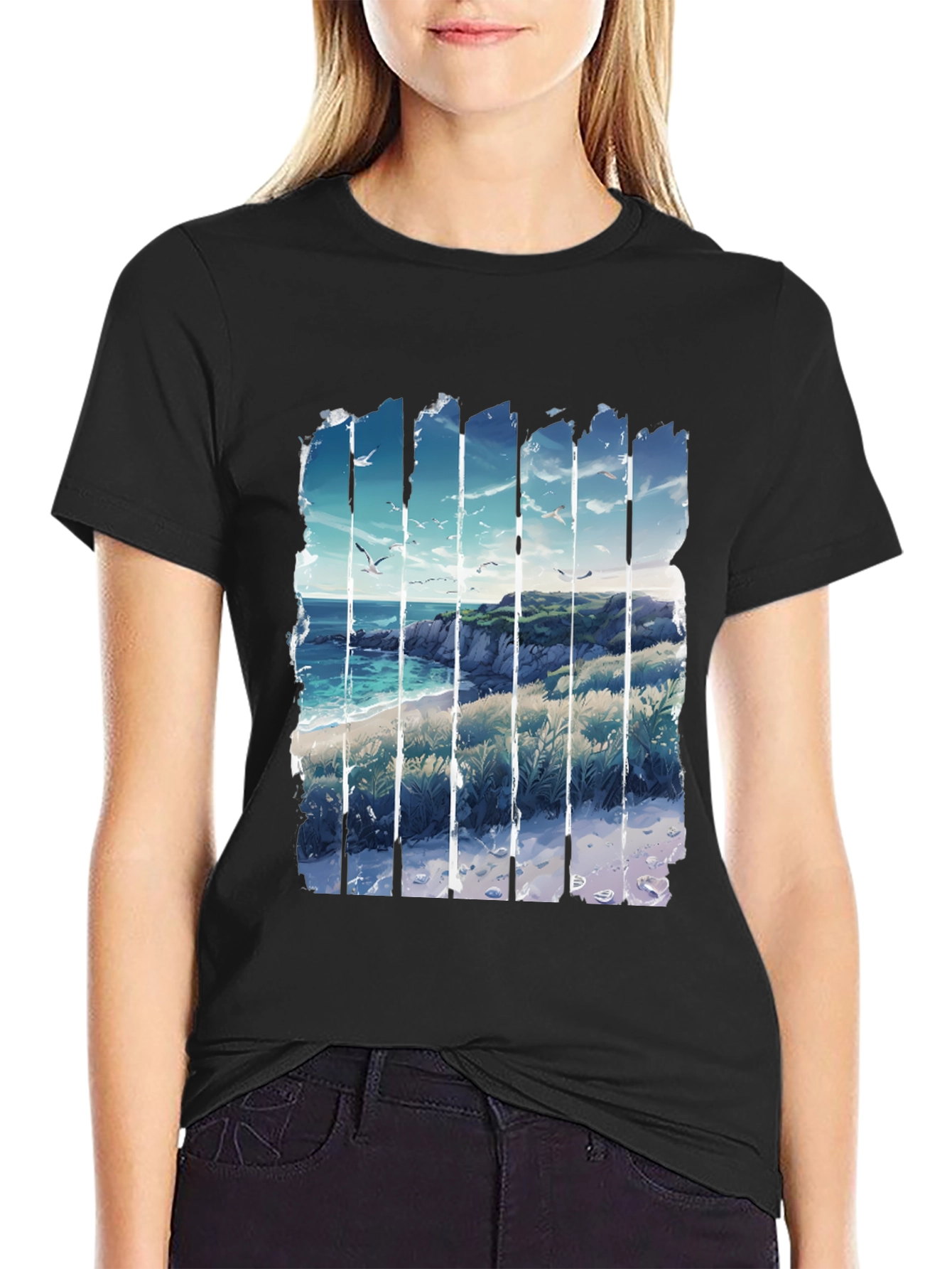 Coastal Vista Graphic Tee - Black Cotton T-Shirt