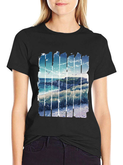 Coastal Vista Graphic Tee - Black Cotton T-Shirt