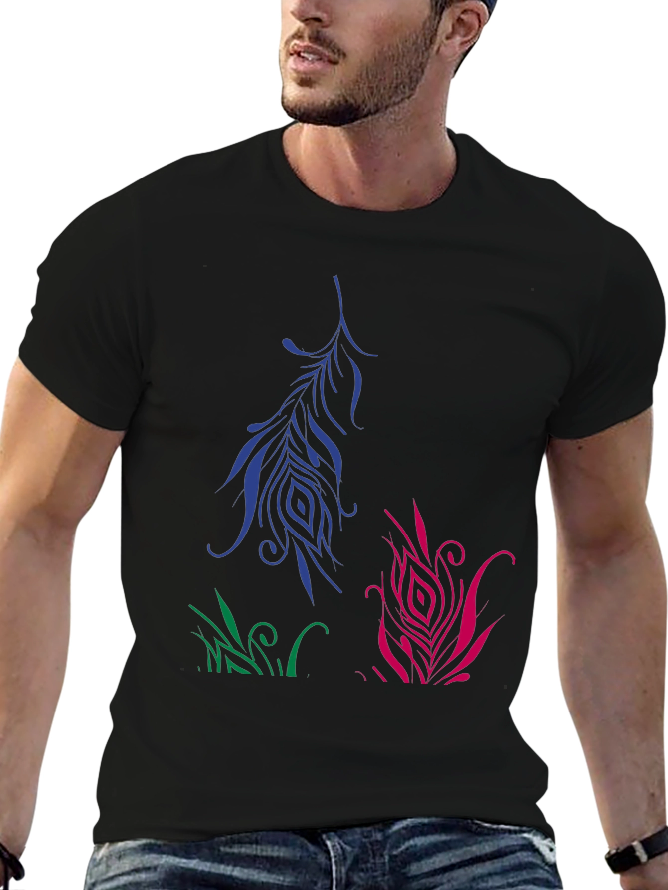 Artistic Feather Design Black T-Shirt