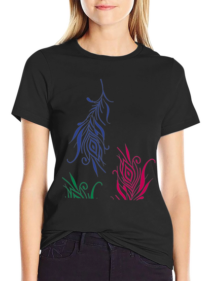 Artistic Feather Design Black T-Shirt