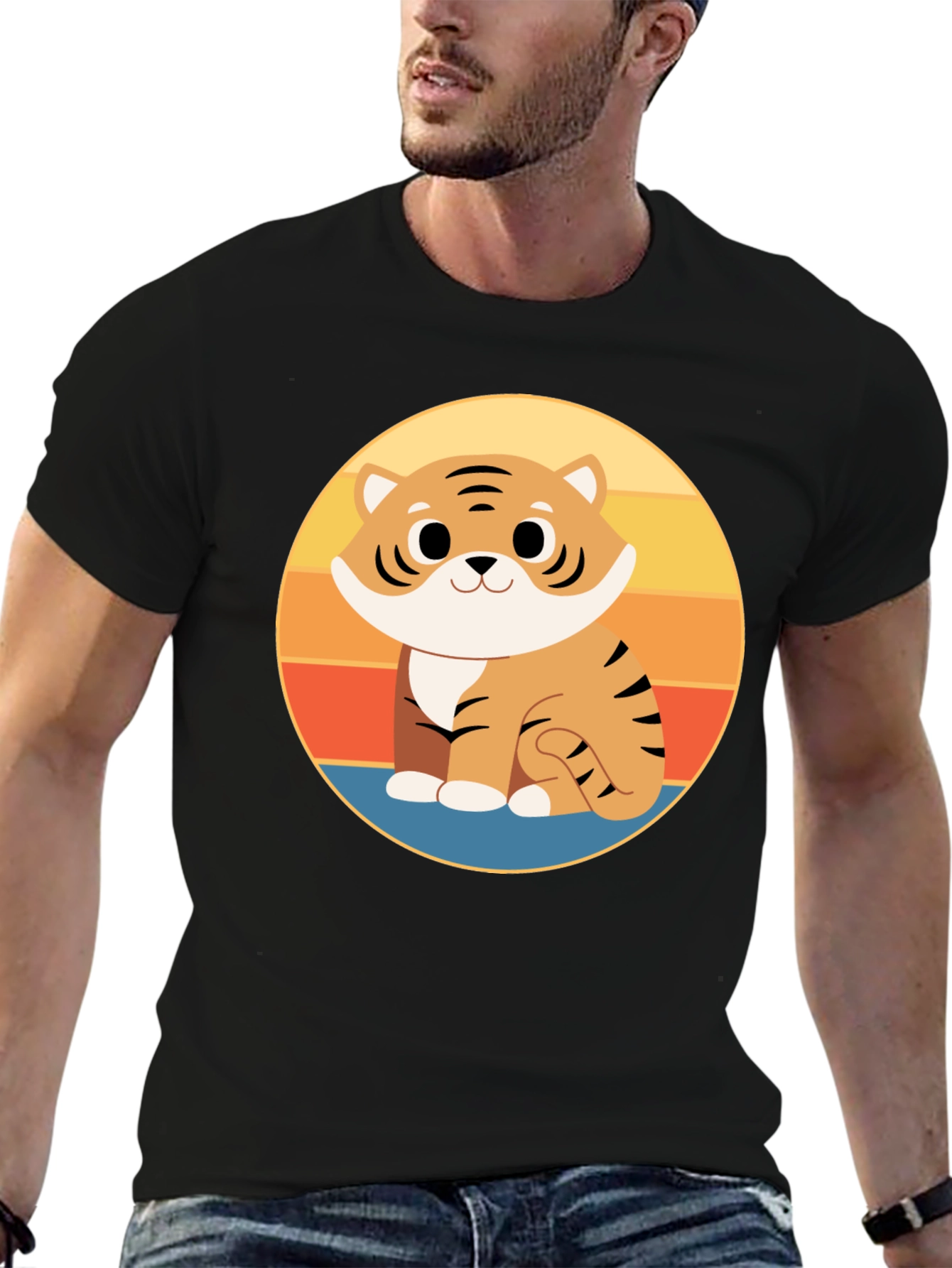 Cute Cartoon Tiger Graphic Tee - Black