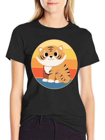 Cute Cartoon Tiger Graphic Tee - Black