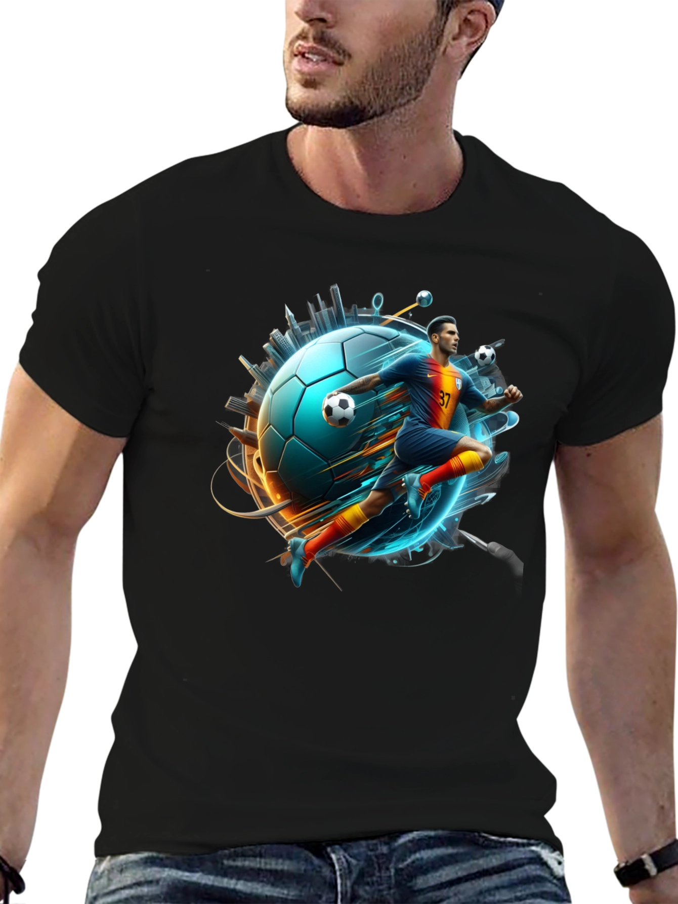 Soccer Star Graphic Tee - Black Cotton Blend