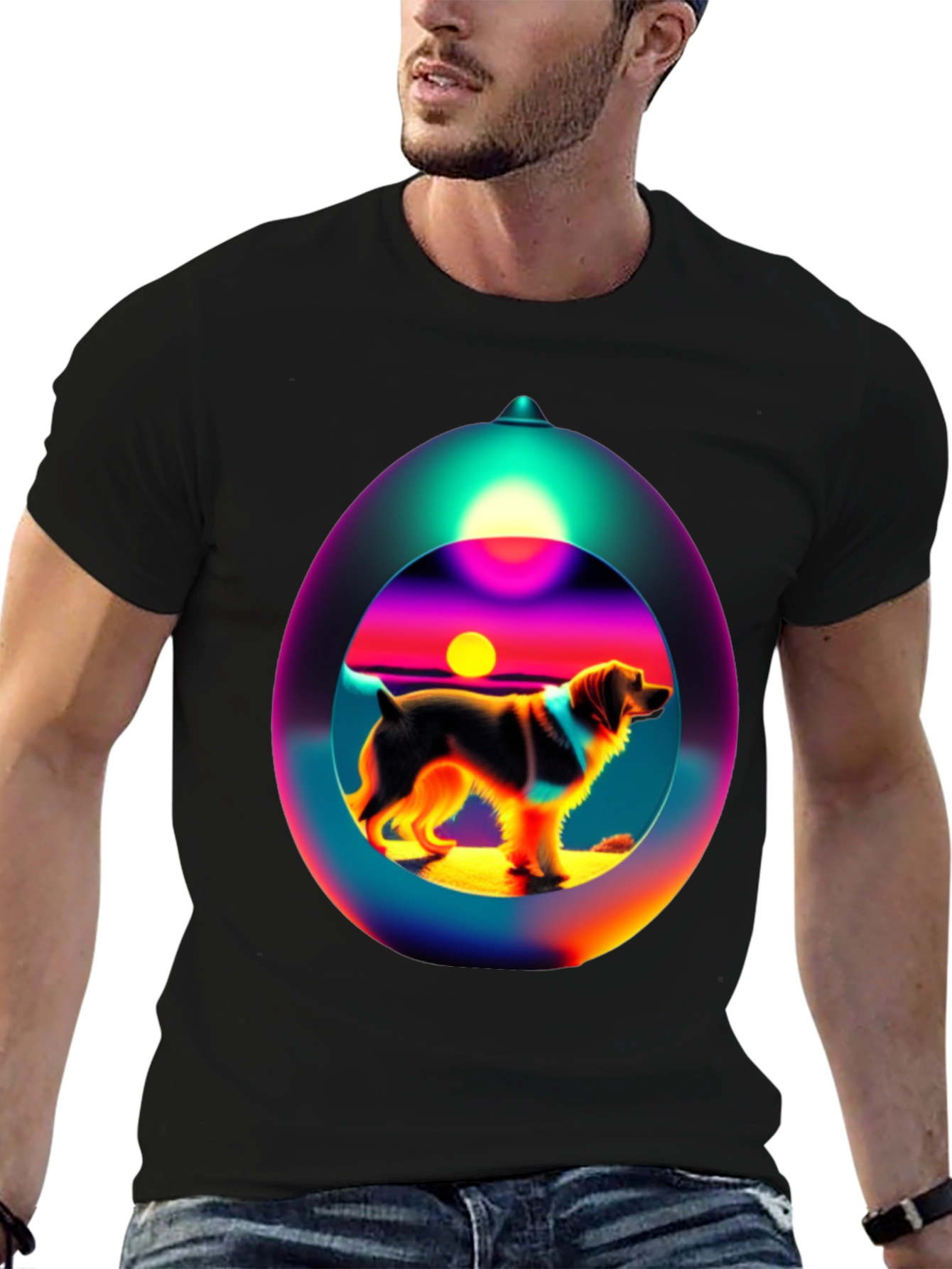 Dog Sunset Sphere Black T-Shirt