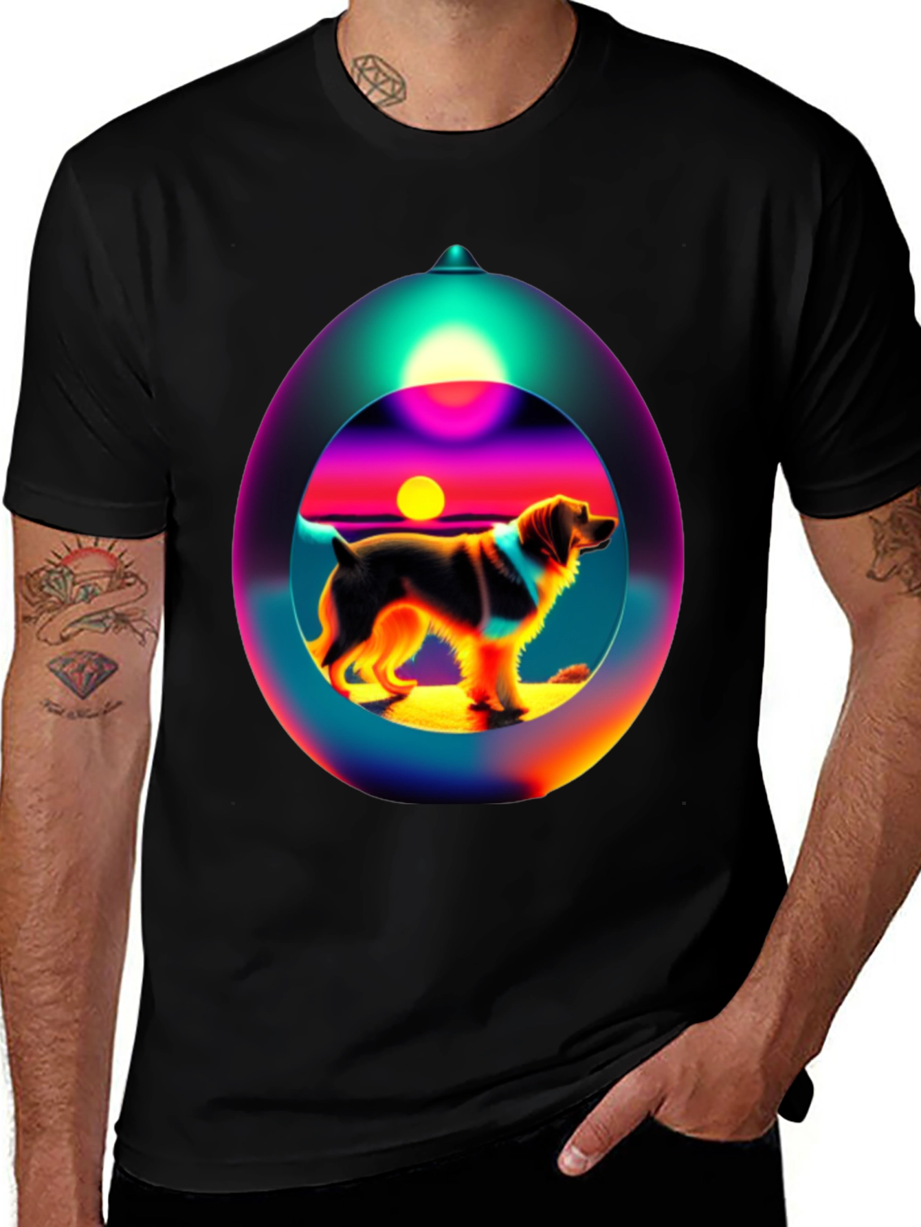 Dog Sunset Sphere Black T-Shirt
