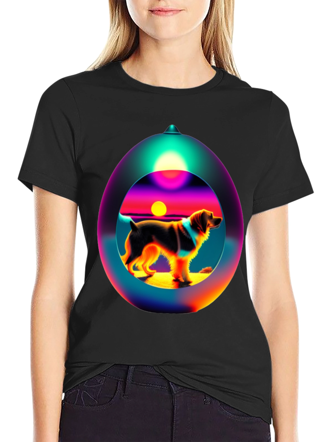 Dog Sunset Sphere Black T-Shirt