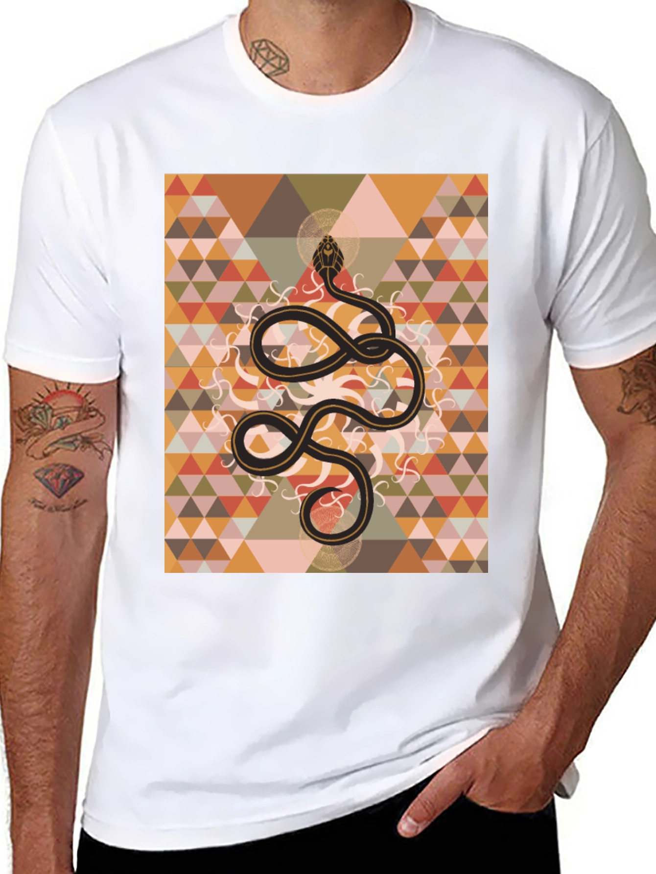 Geometric Snake Print Black T-Shirt