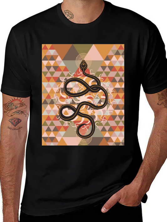 Geometric Snake Print Black T-Shirt