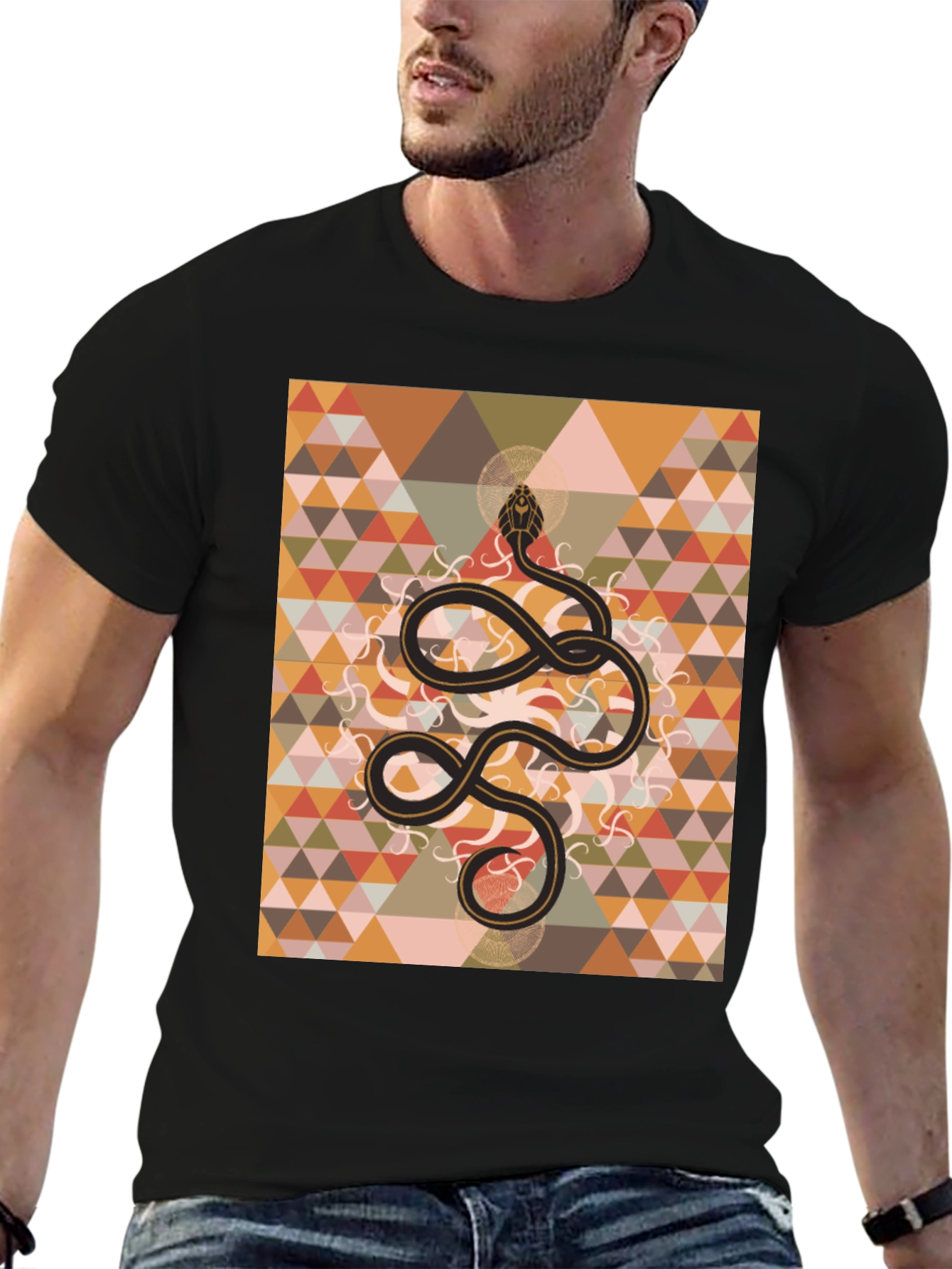 Geometric Snake Print Black T-Shirt