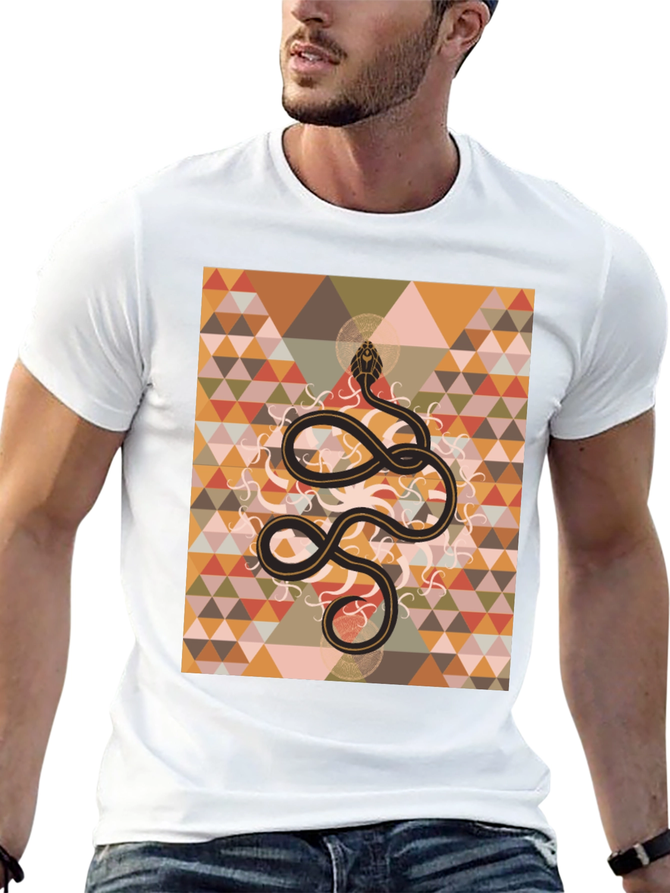 Geometric Snake Print Black T-Shirt