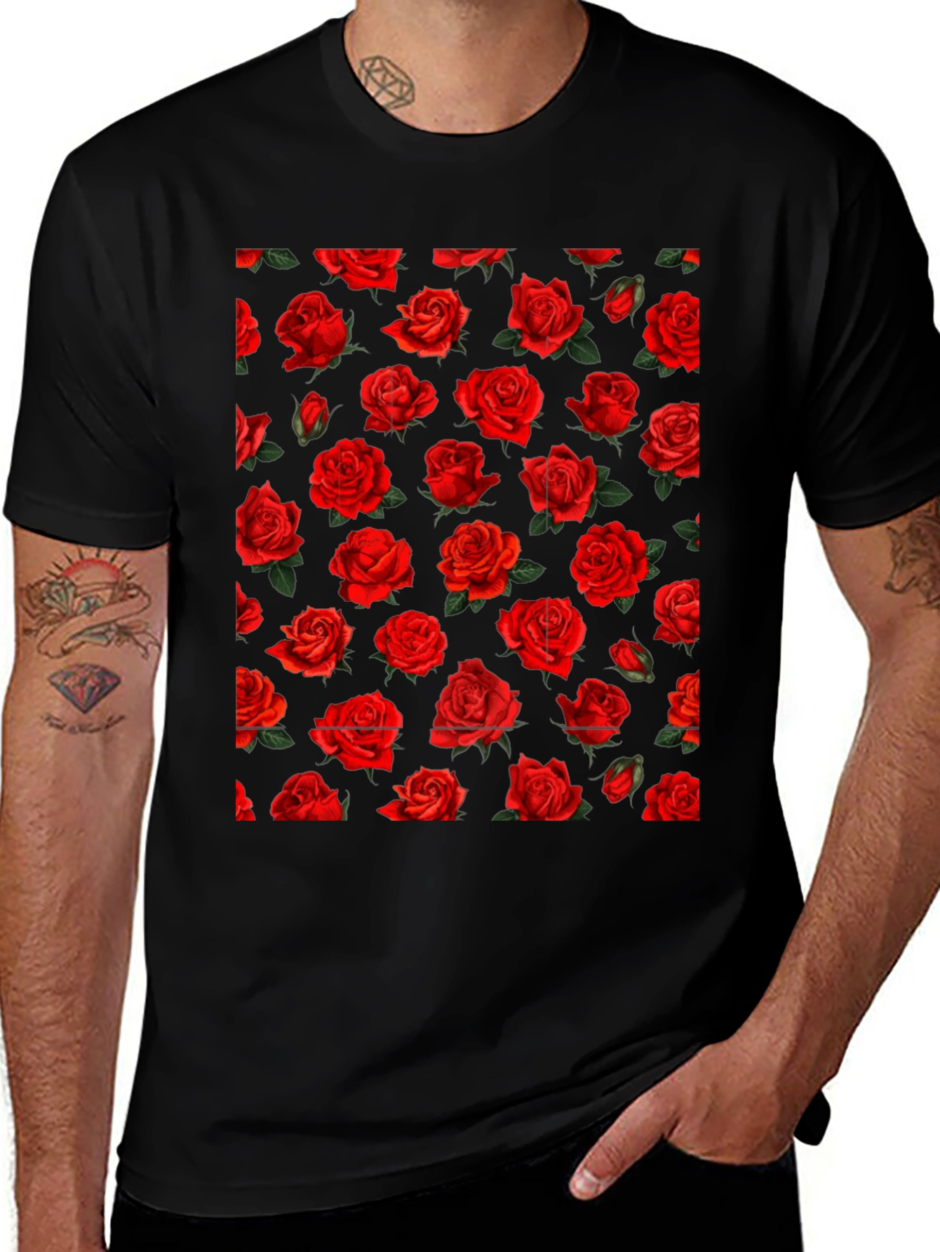 Rose Print Black T-Shirt