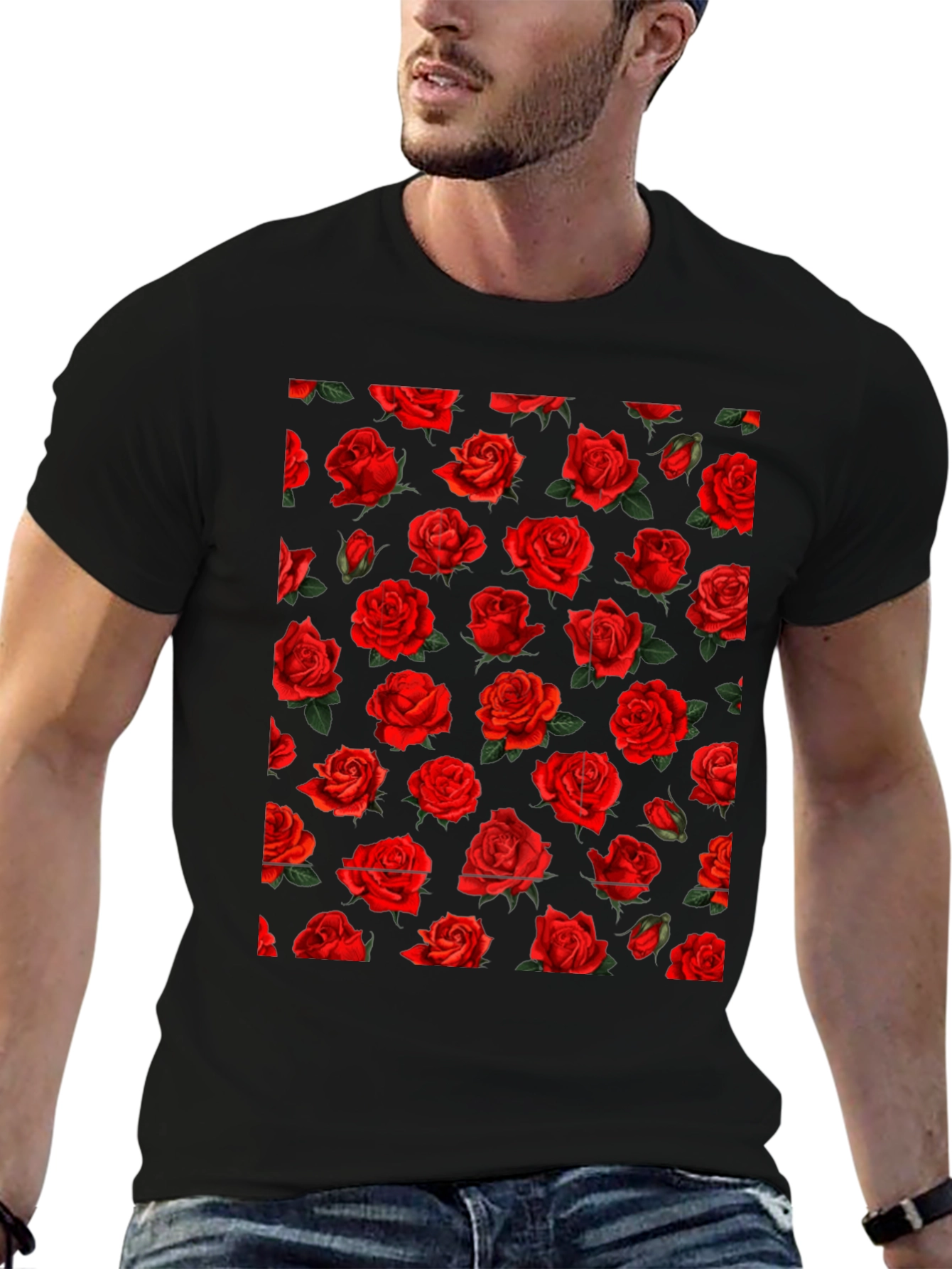 Rose Print Black T-Shirt