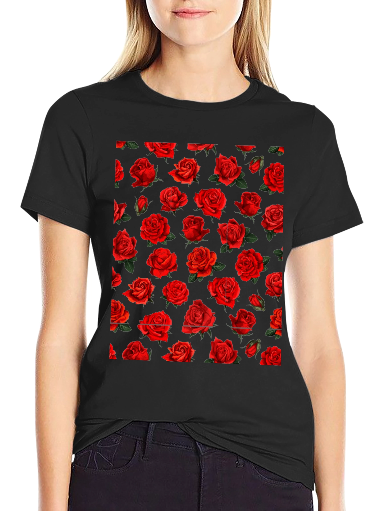 Rose Print Black T-Shirt