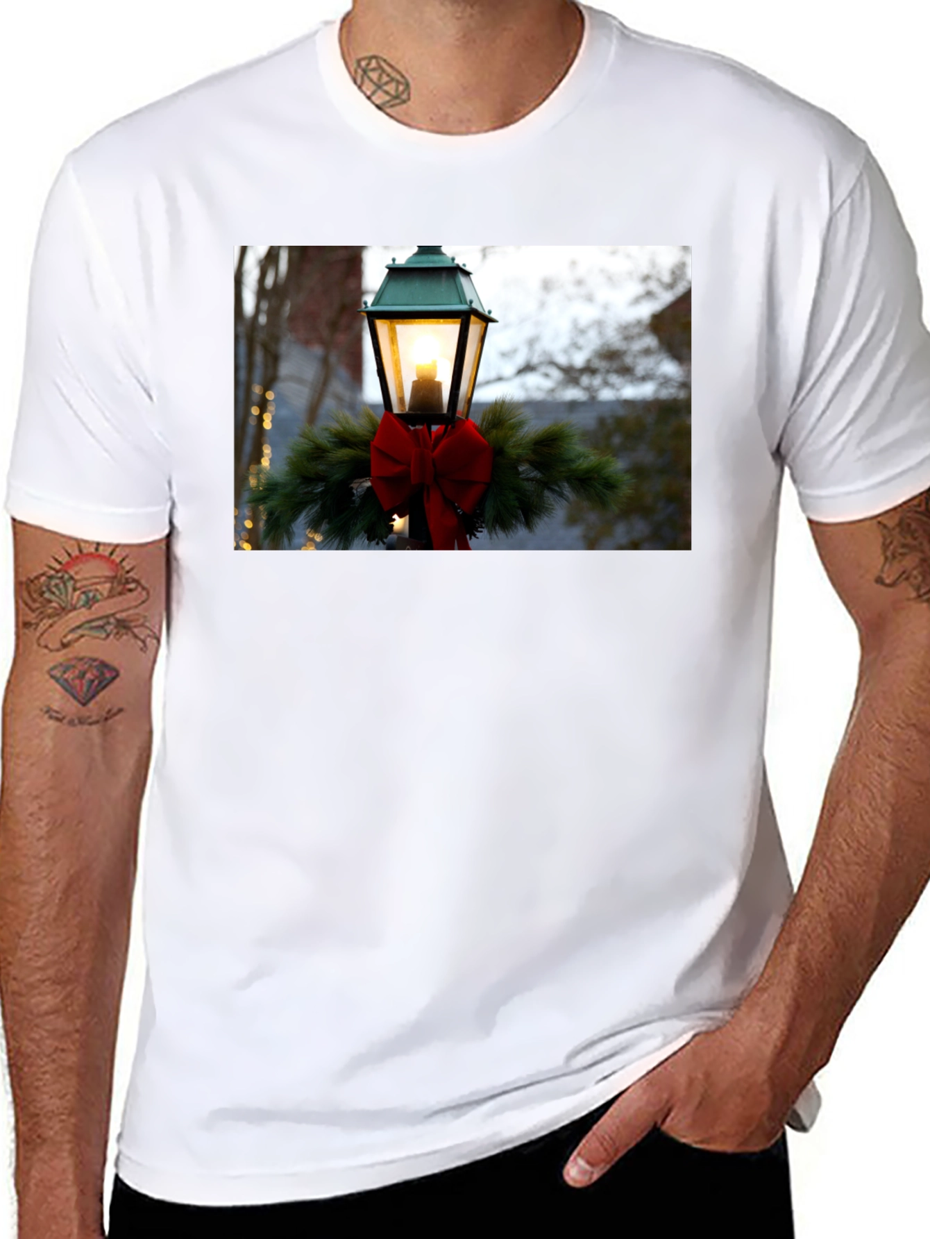 Holiday Light Post Graphic Tee - Festive Season Apparel