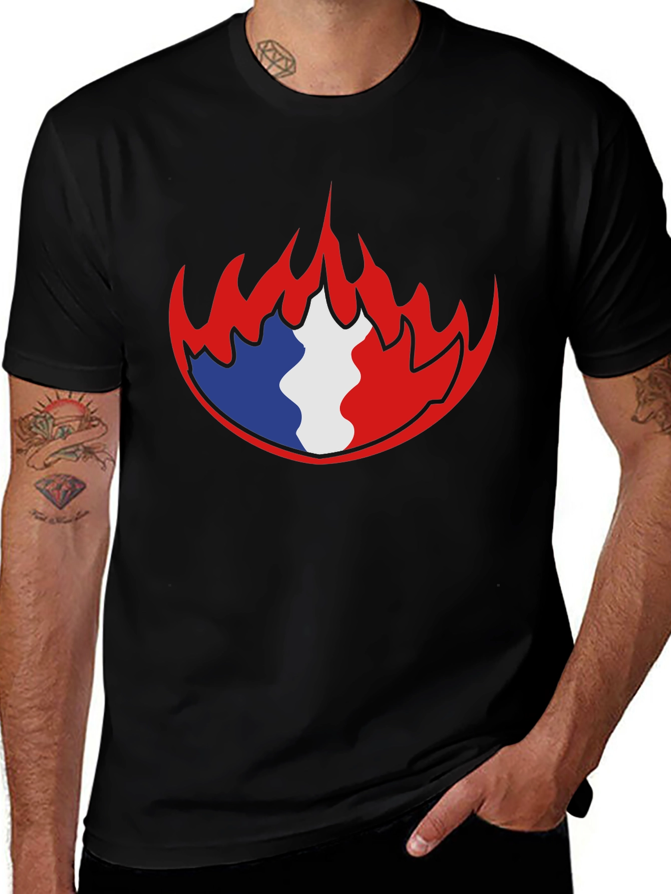 French Flag Fire Graphic Black T-Shirt