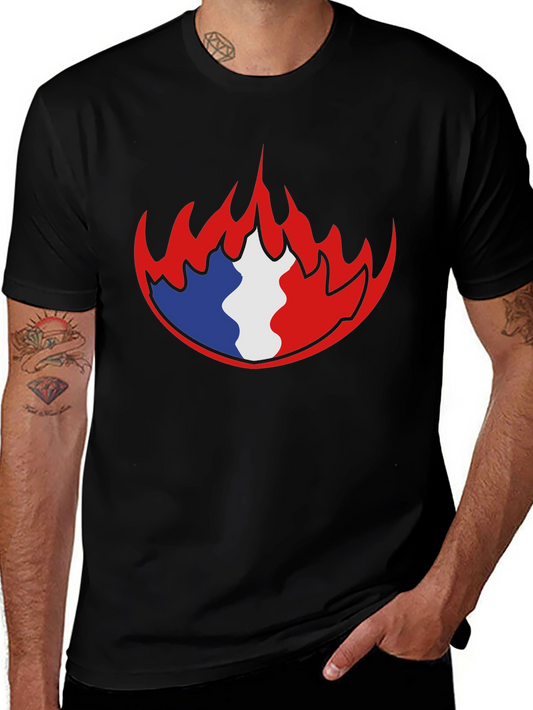 French Flag Fire Graphic Black T-Shirt