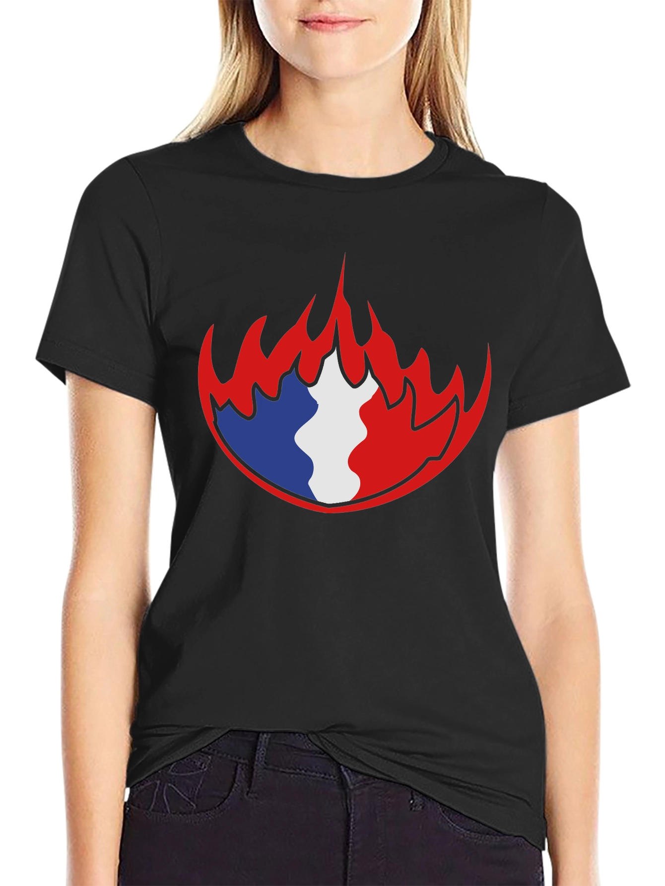 French Flag Fire Graphic Black T-Shirt