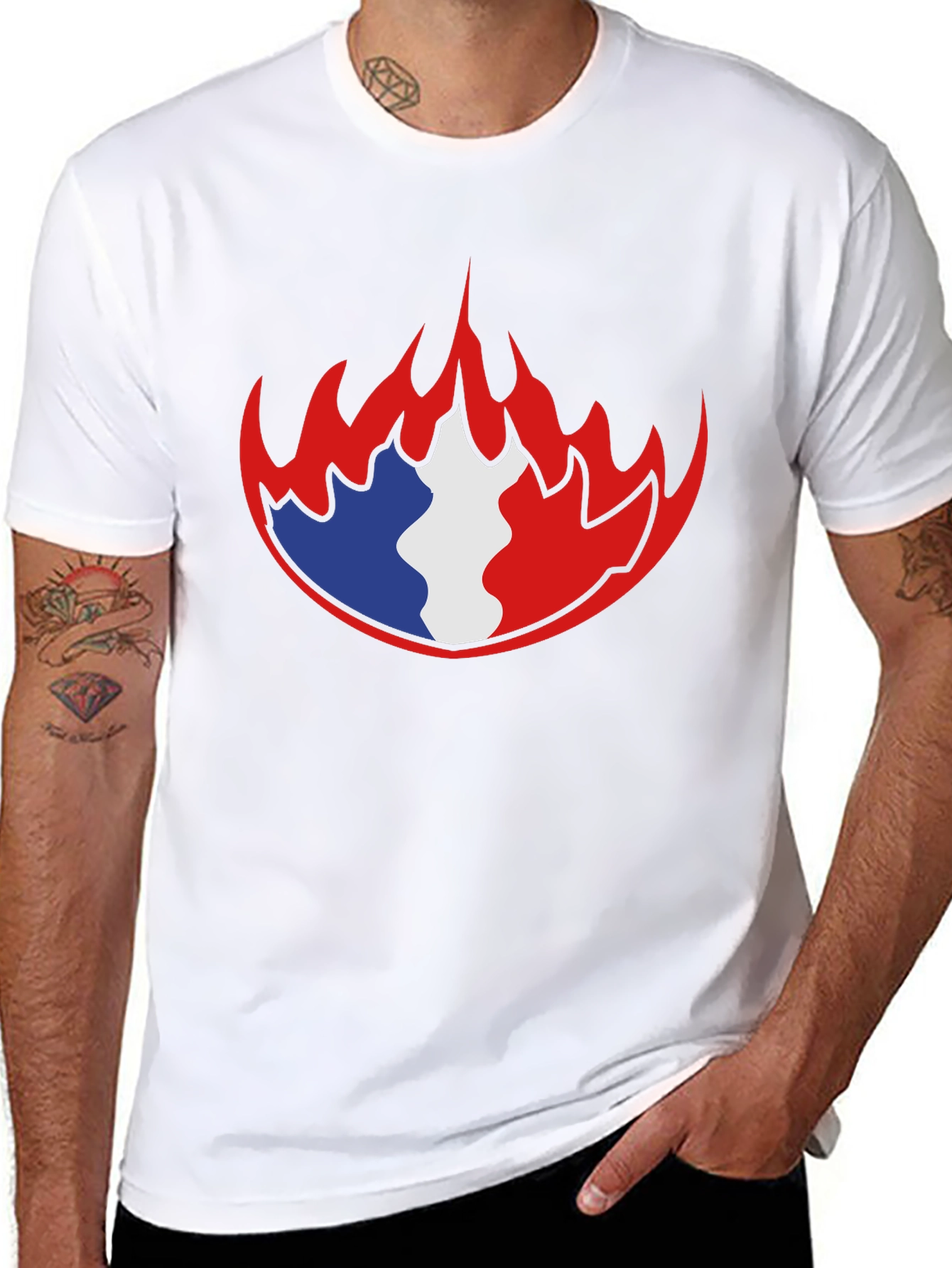 French Flag Fire Graphic Black T-Shirt
