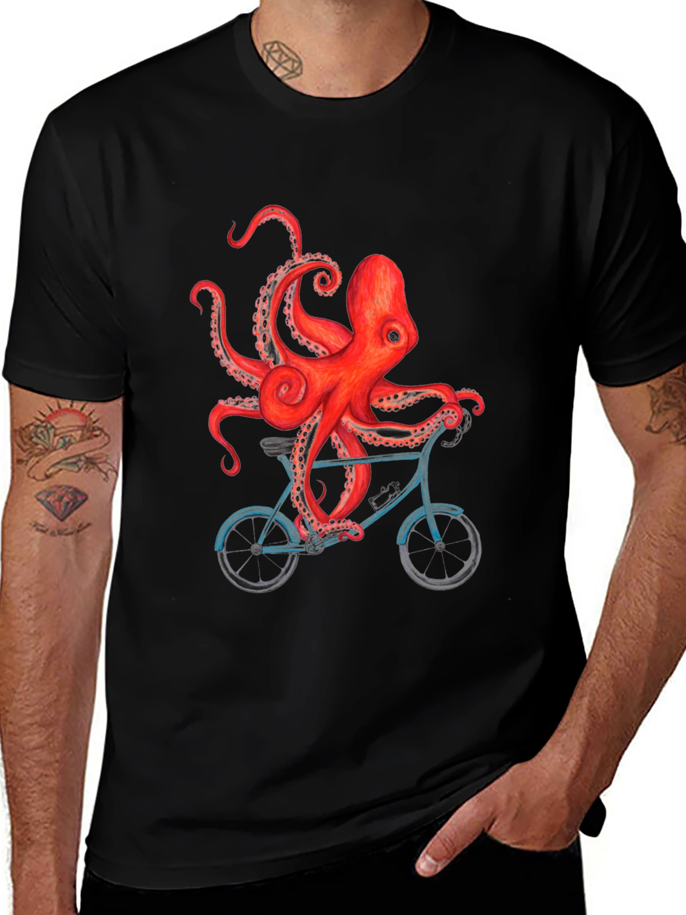 Octopus on Bike Graphic T-Shirt - Black