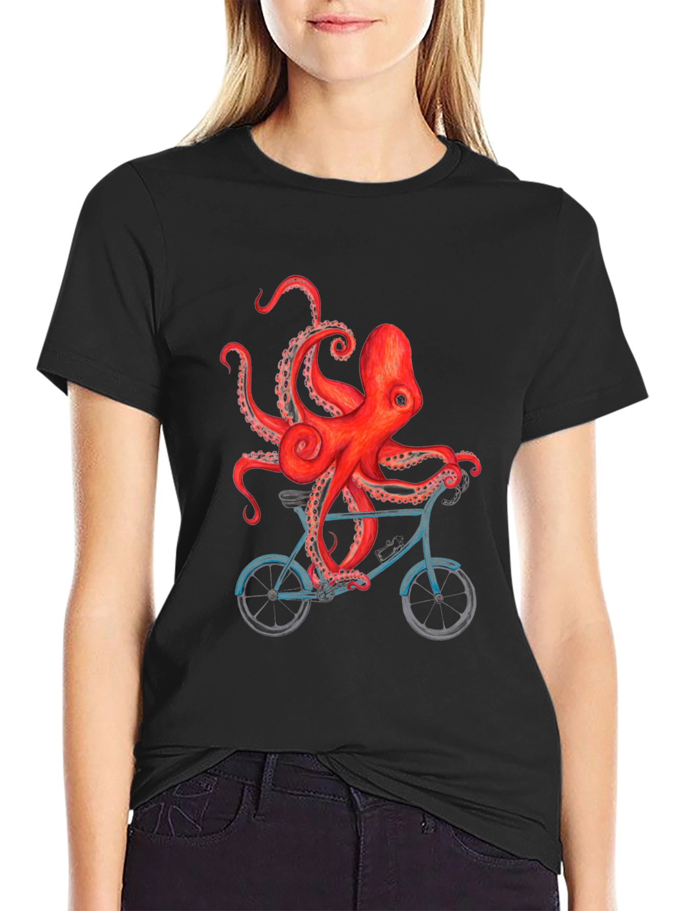 Octopus on Bike Graphic T-Shirt - Black