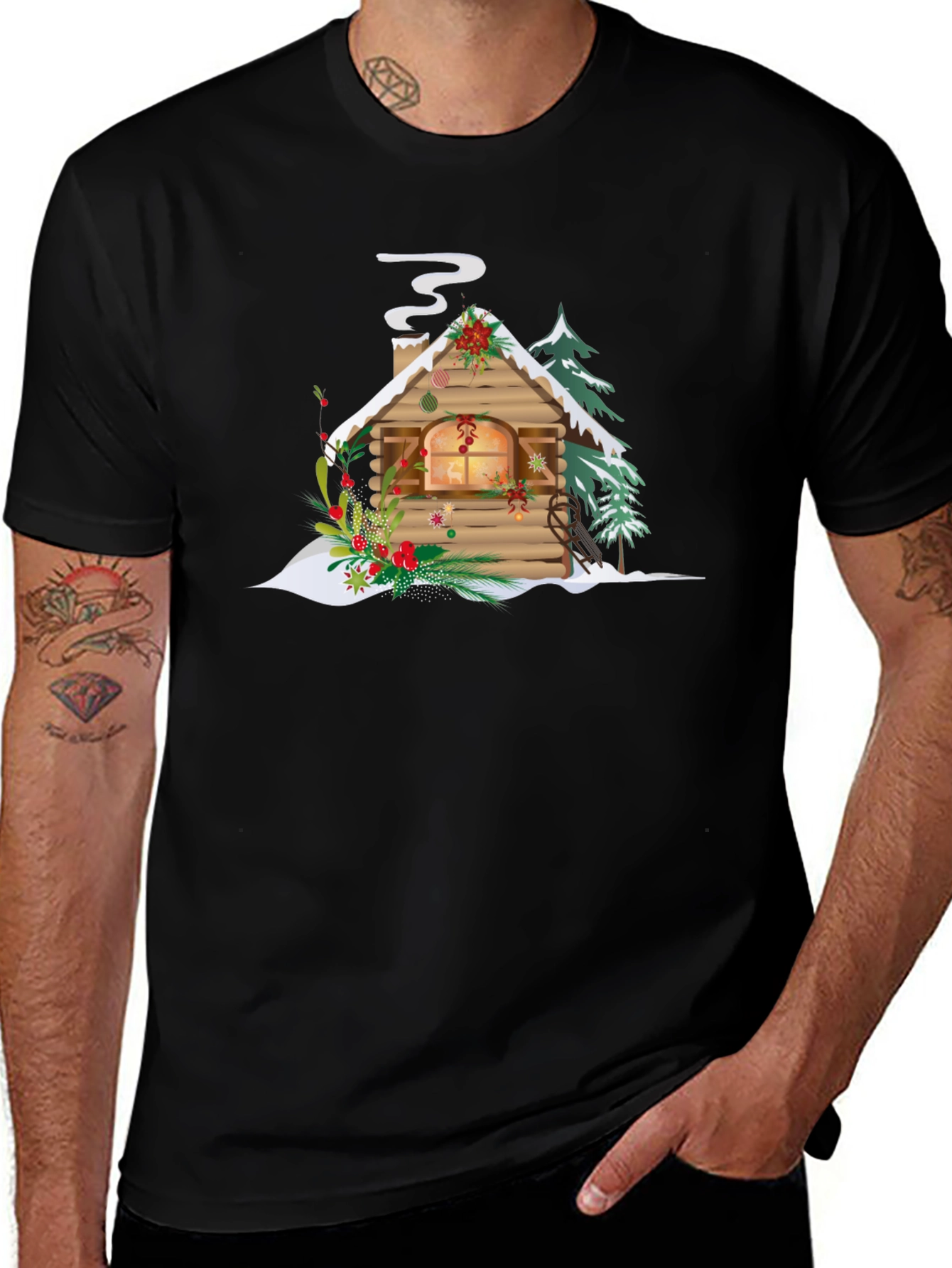 Christmas Cabin Graphic Tee - Holiday Season Apparel