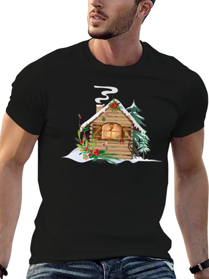 Christmas Cabin Graphic Tee - Holiday Season Apparel