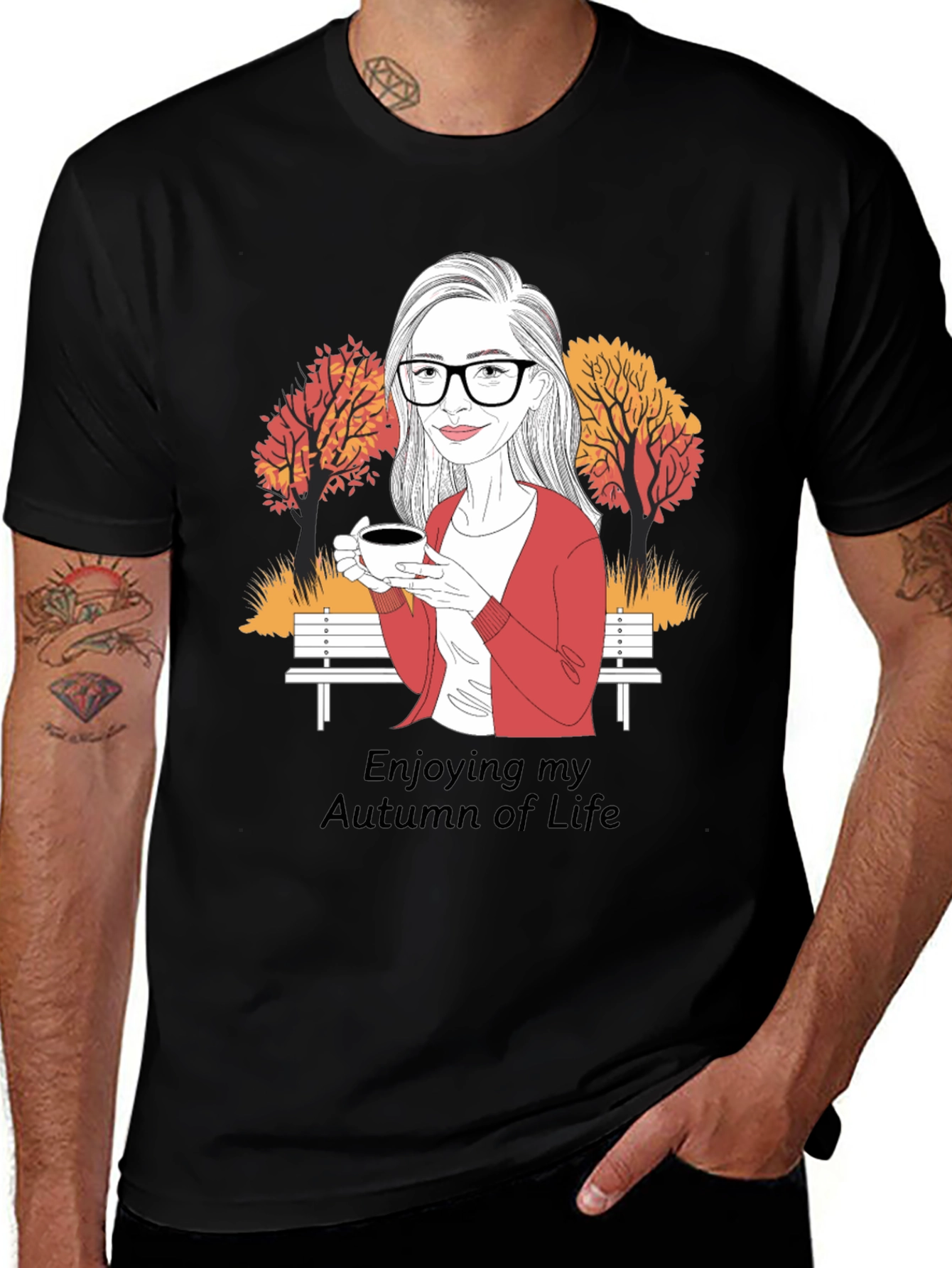 Autumn Life T-Shirt: Woman with Coffee Design