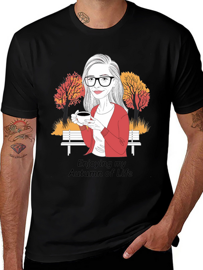 Autumn Life T-Shirt: Woman with Coffee Design