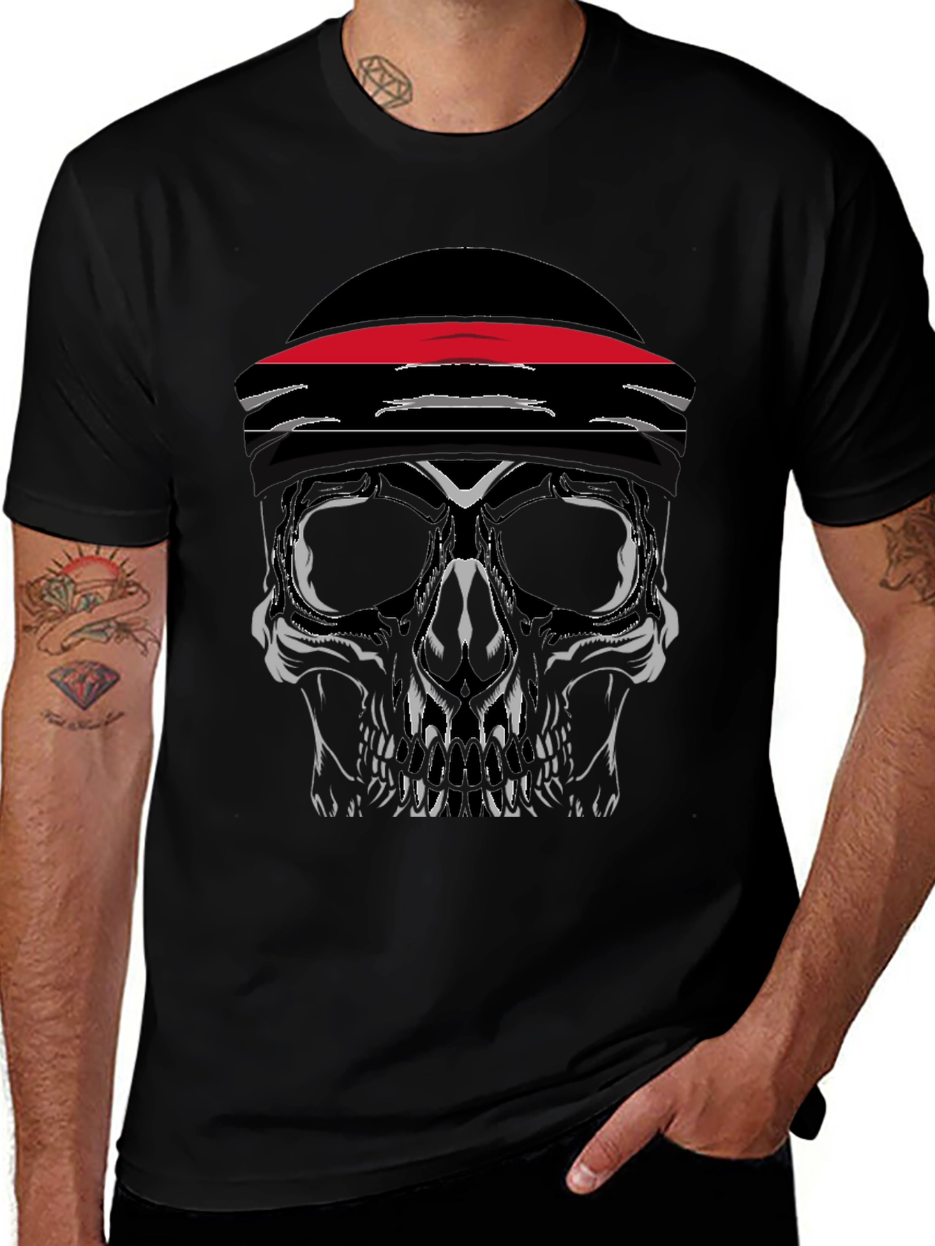 Skull with Headband Graphic Tee - Black