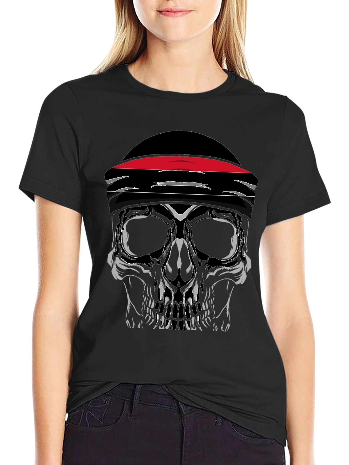 Skull with Headband Graphic Tee - Black