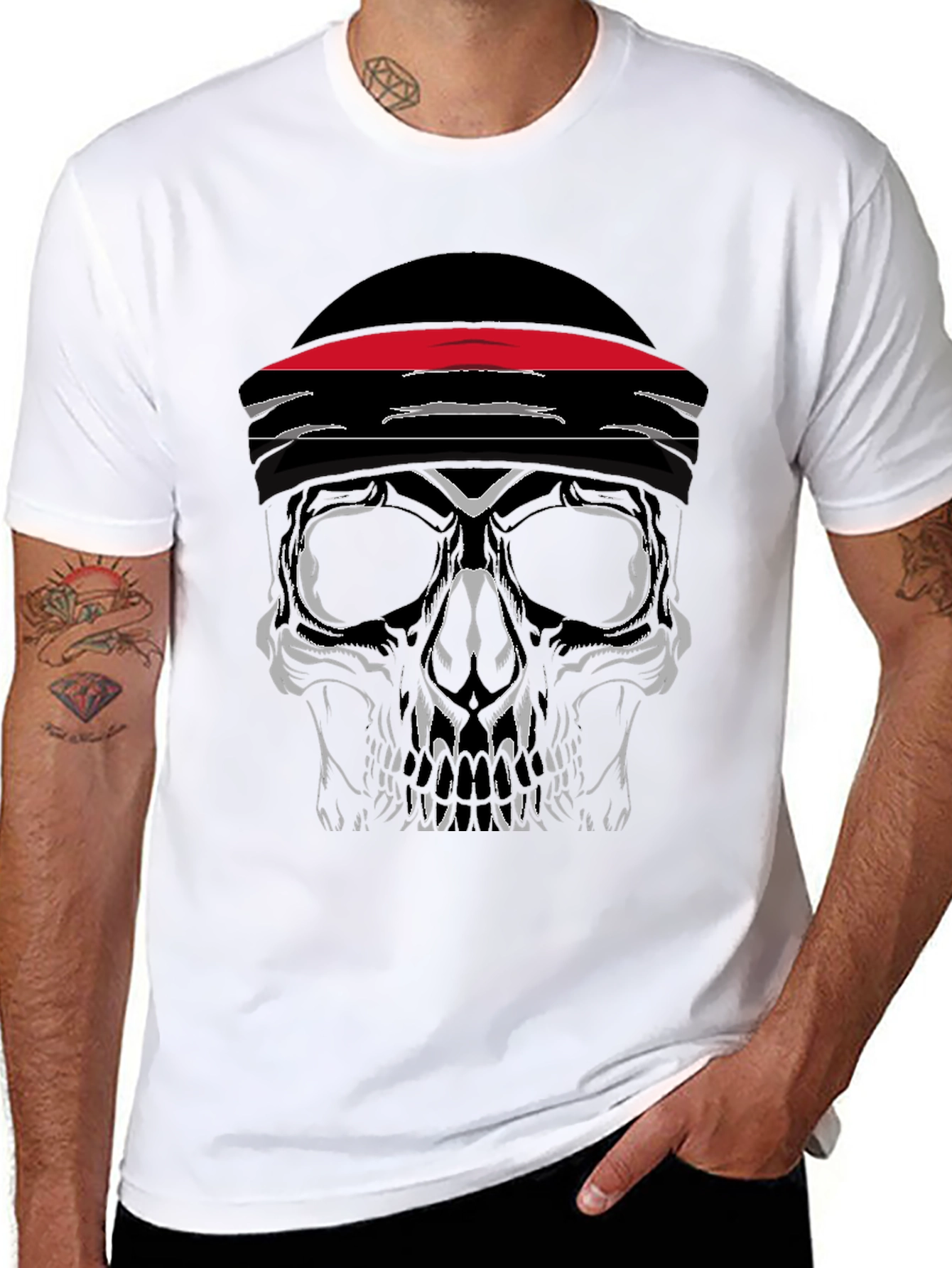 Skull with Headband Graphic Tee - Black