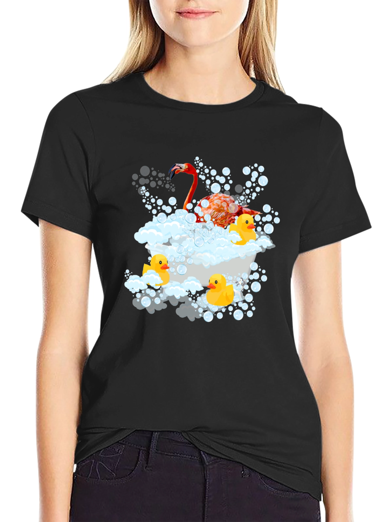 Flamingo Duck Tub Black T-Shirt