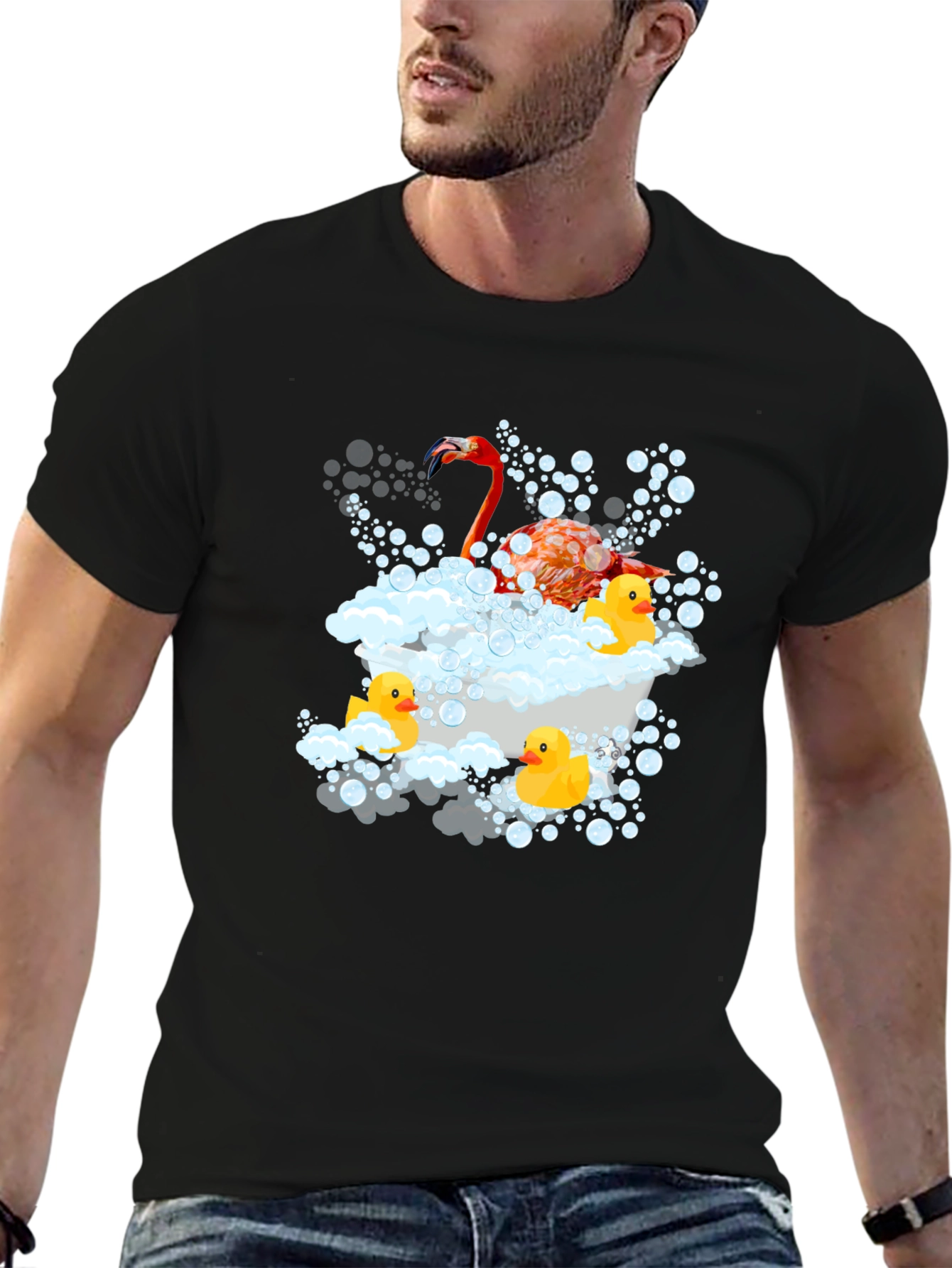 Flamingo Duck Tub Black T-Shirt