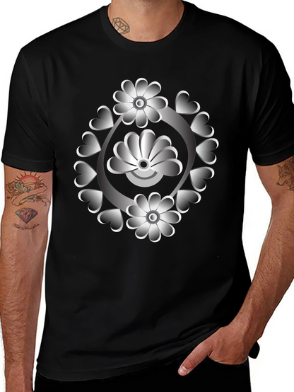Floral Heart Design Black T-Shirt