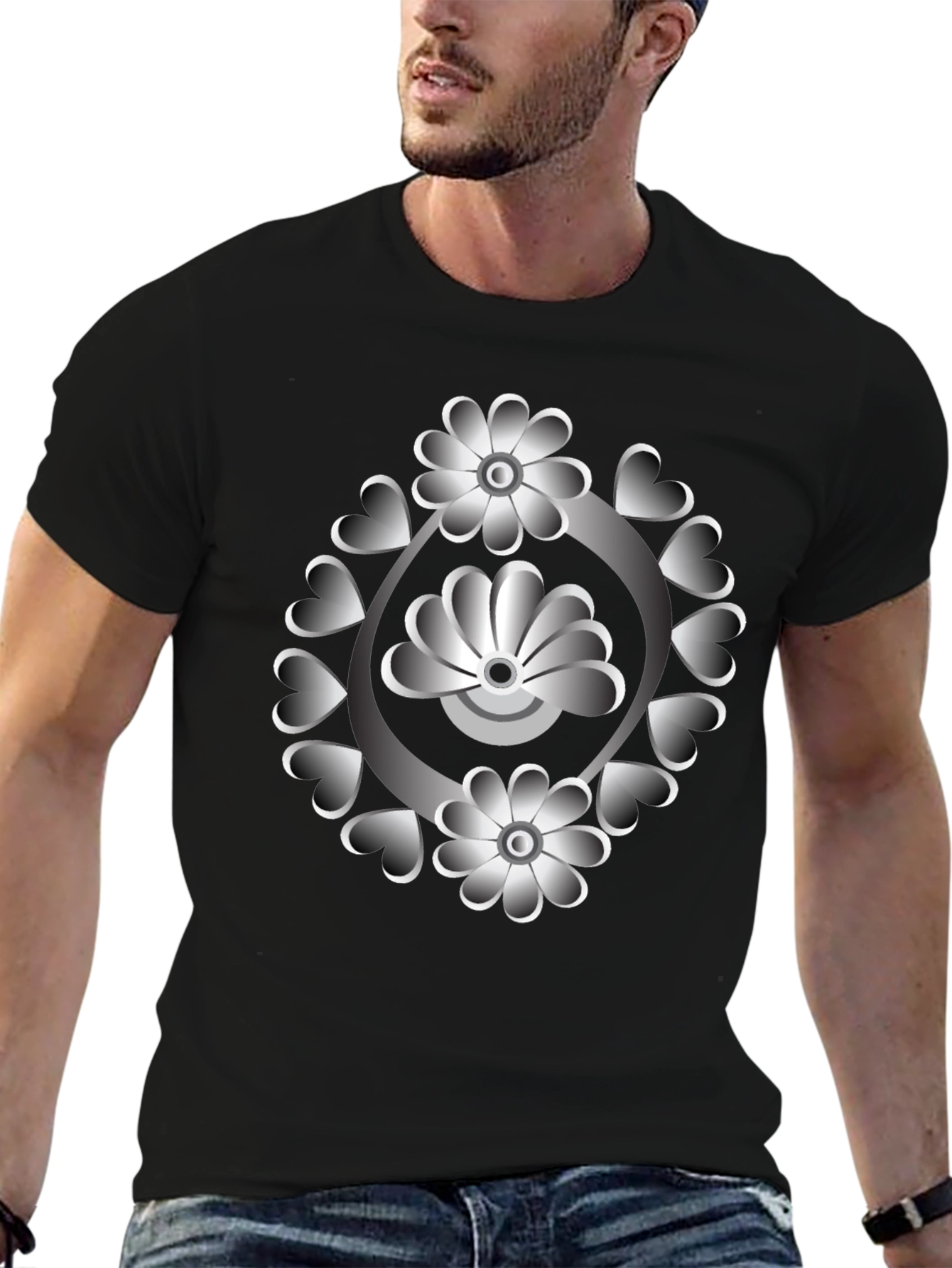 Floral Heart Design Black T-Shirt