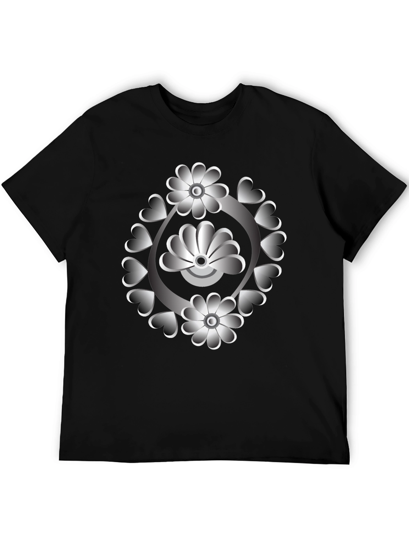 Floral Heart Design Black T-Shirt
