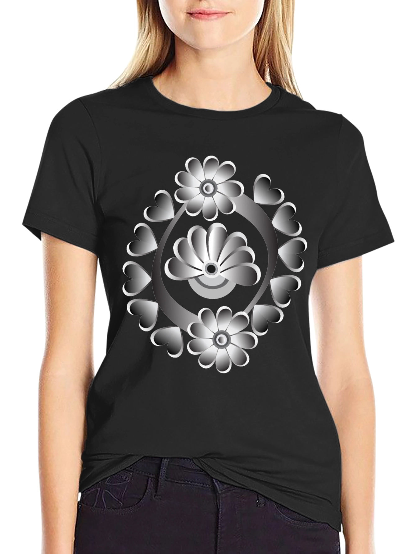 Floral Heart Design Black T-Shirt