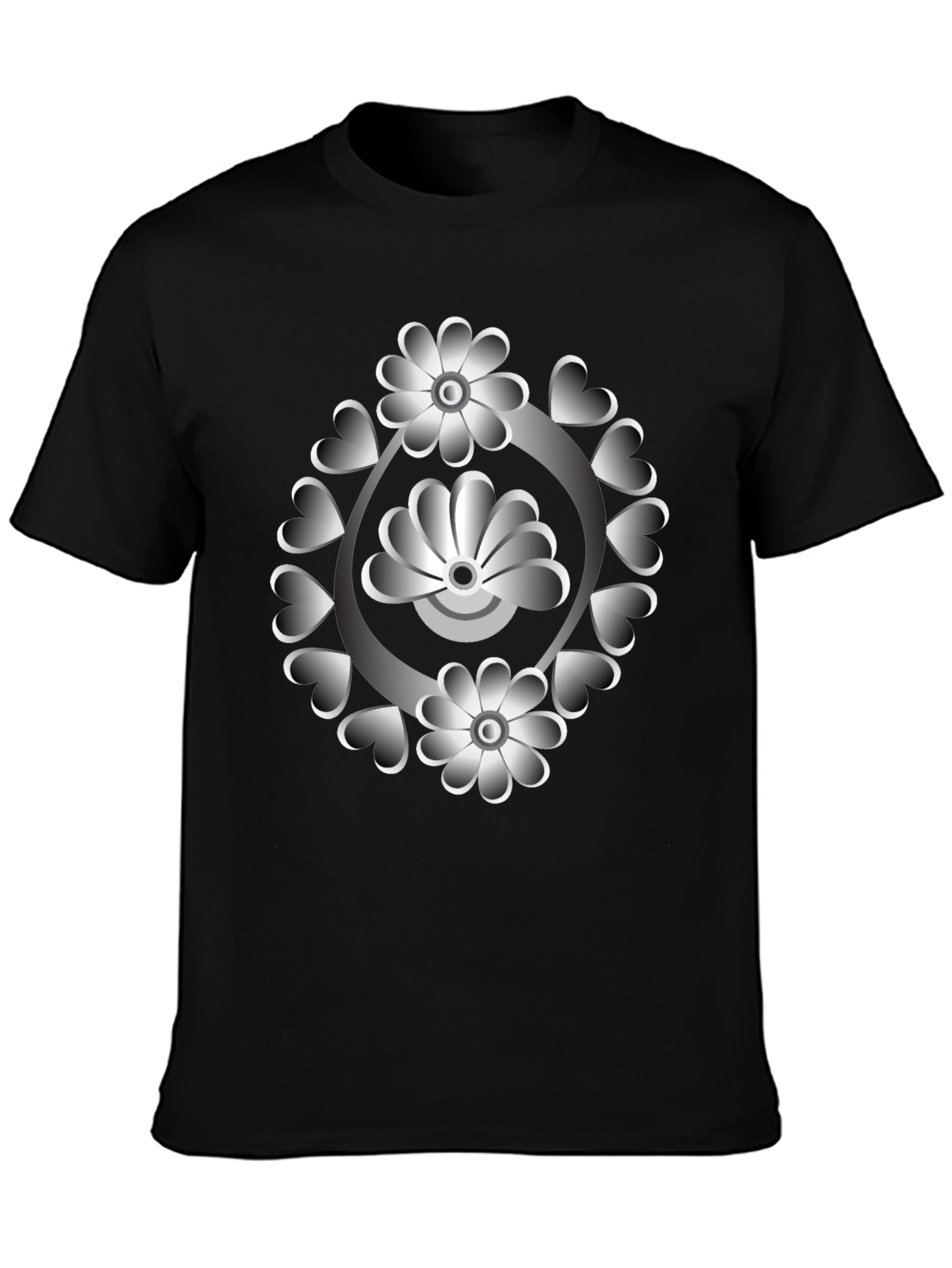 Floral Heart Design Black T-Shirt