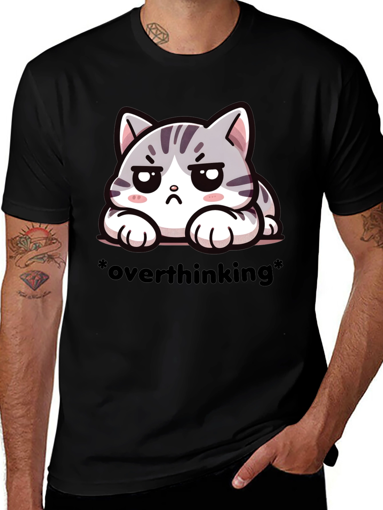 Overthinking Cat Graphic Tee - Unisex Black T-Shirt