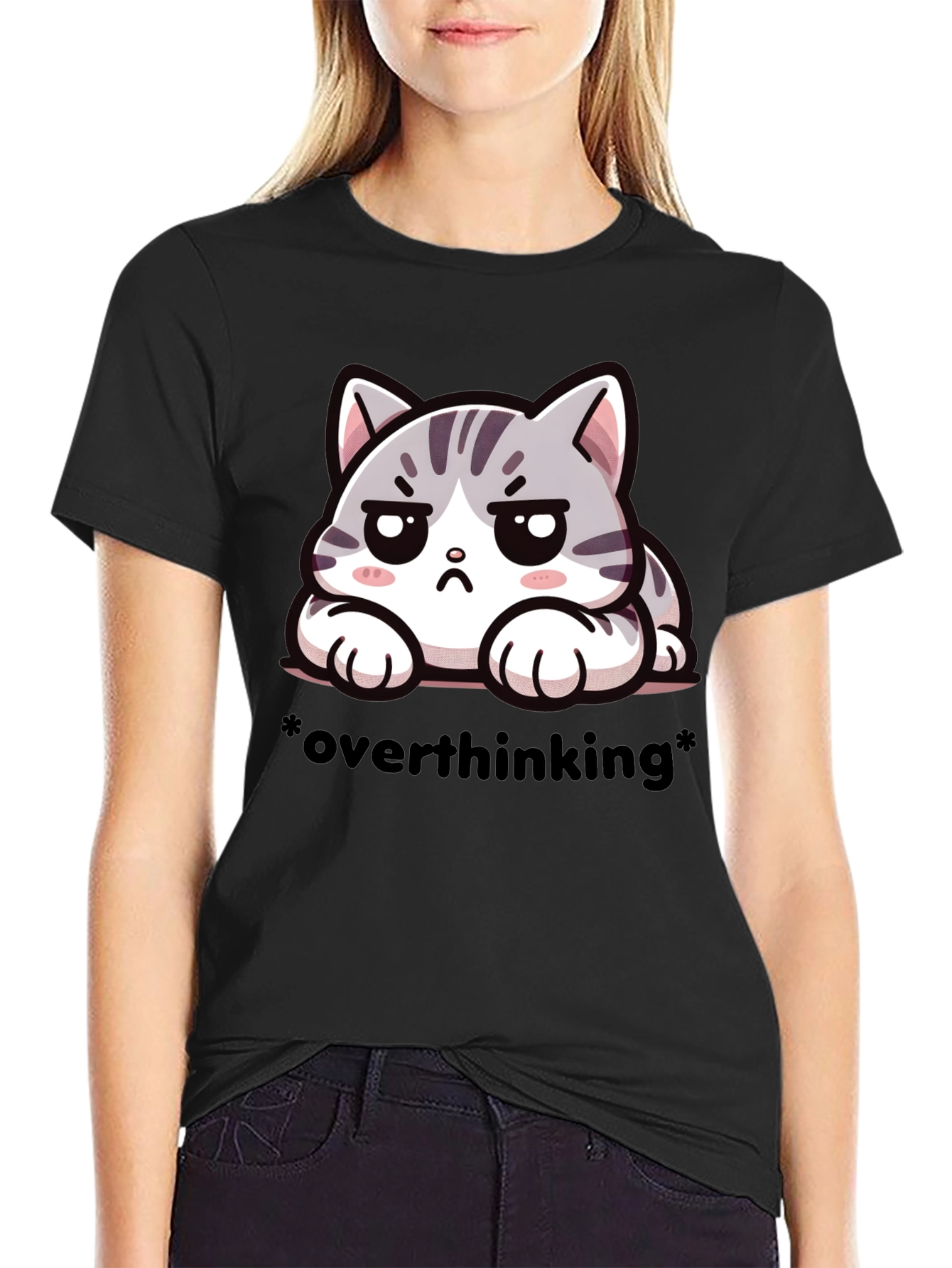 Overthinking Cat Graphic Tee - Unisex Black T-Shirt
