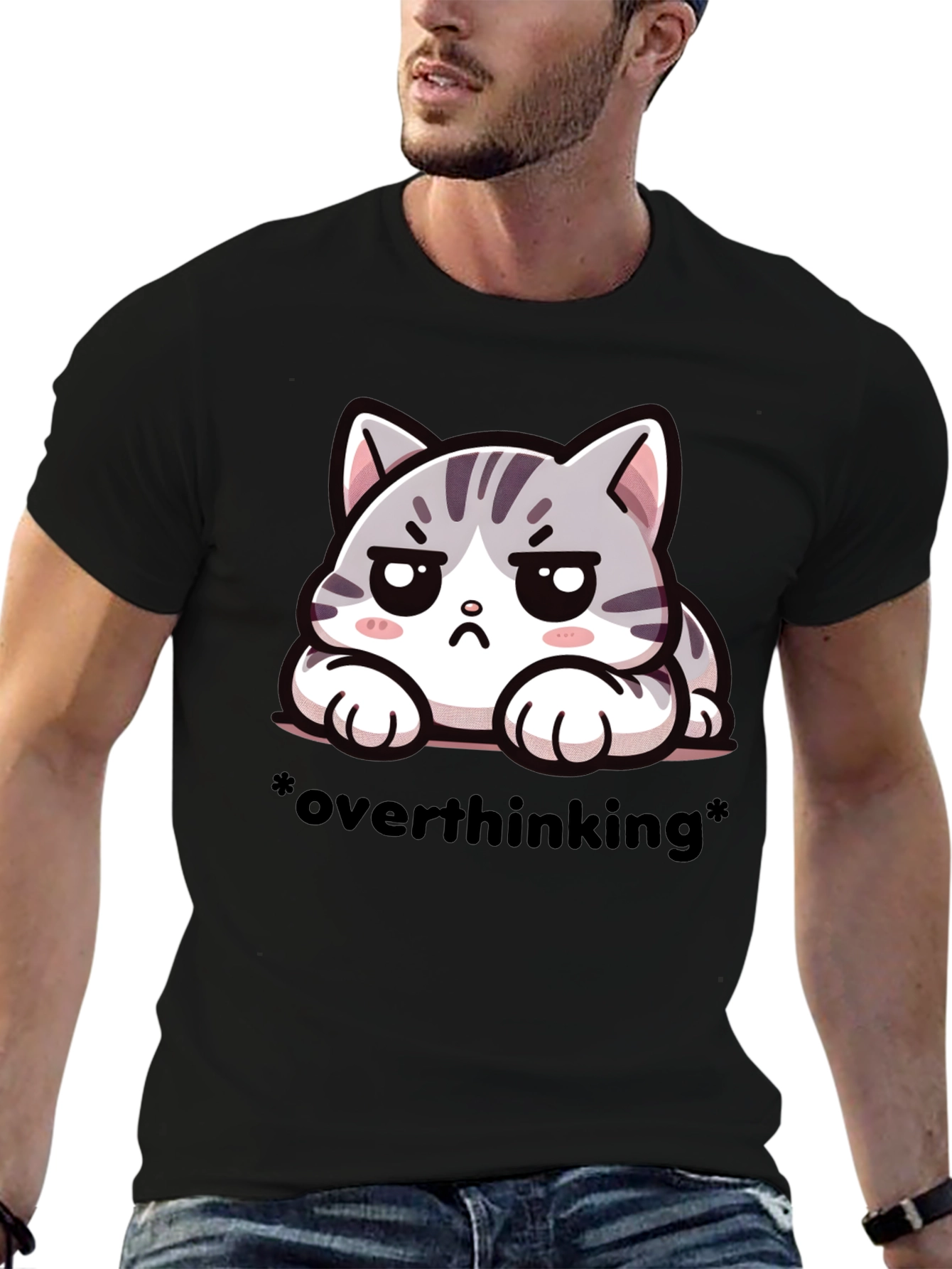 Overthinking Cat Graphic Tee - Unisex Black T-Shirt