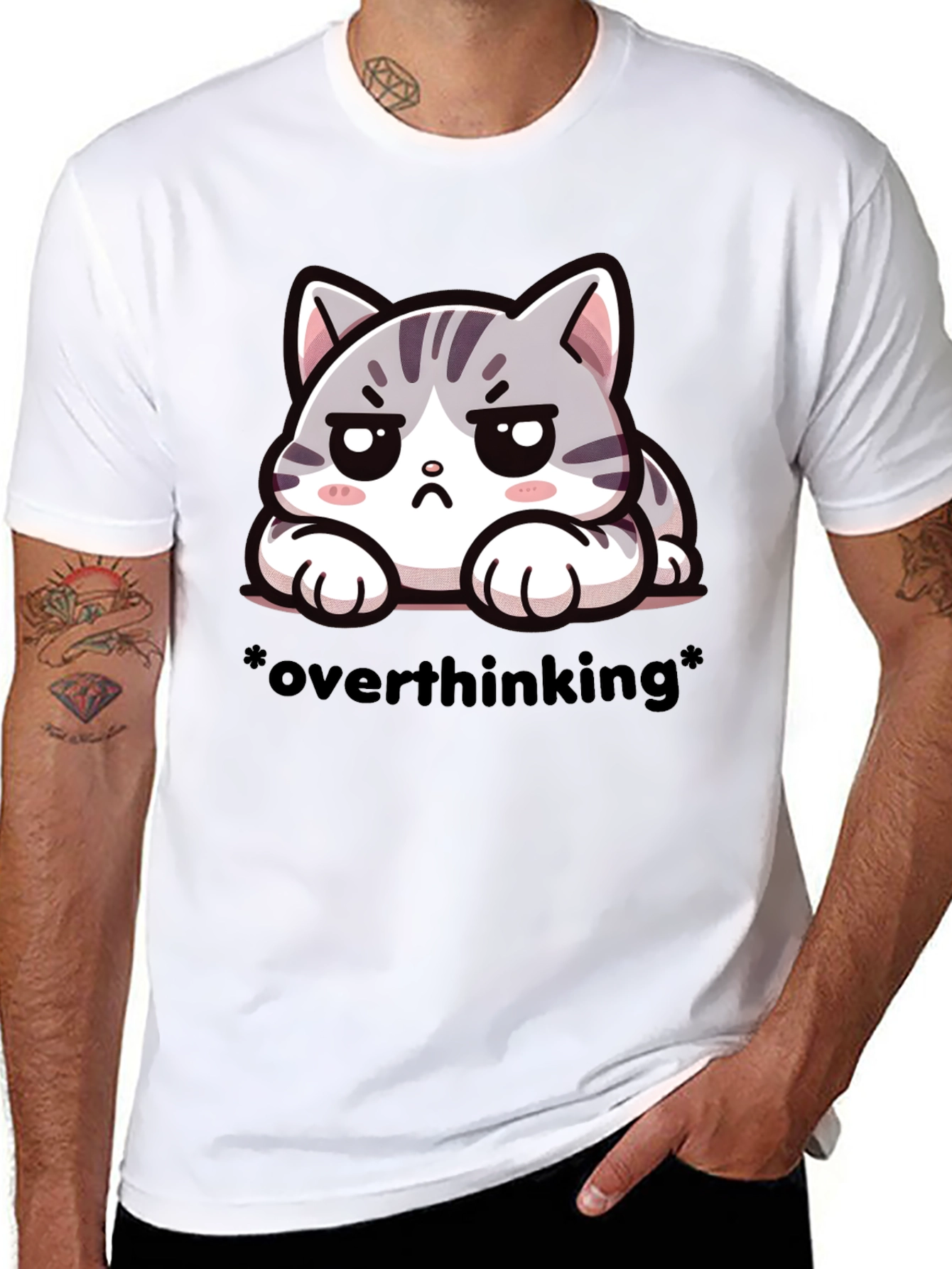 Overthinking Cat Graphic Tee - Unisex Black T-Shirt