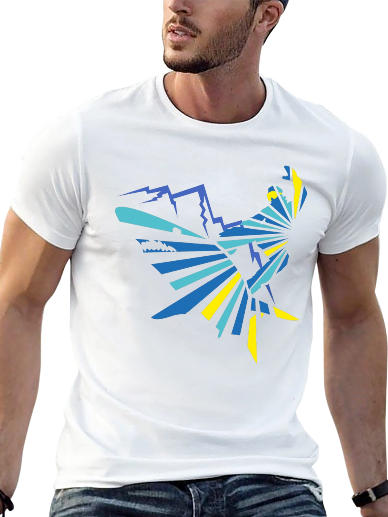 Geometric Mountain & Bird Graphic Tee - Black