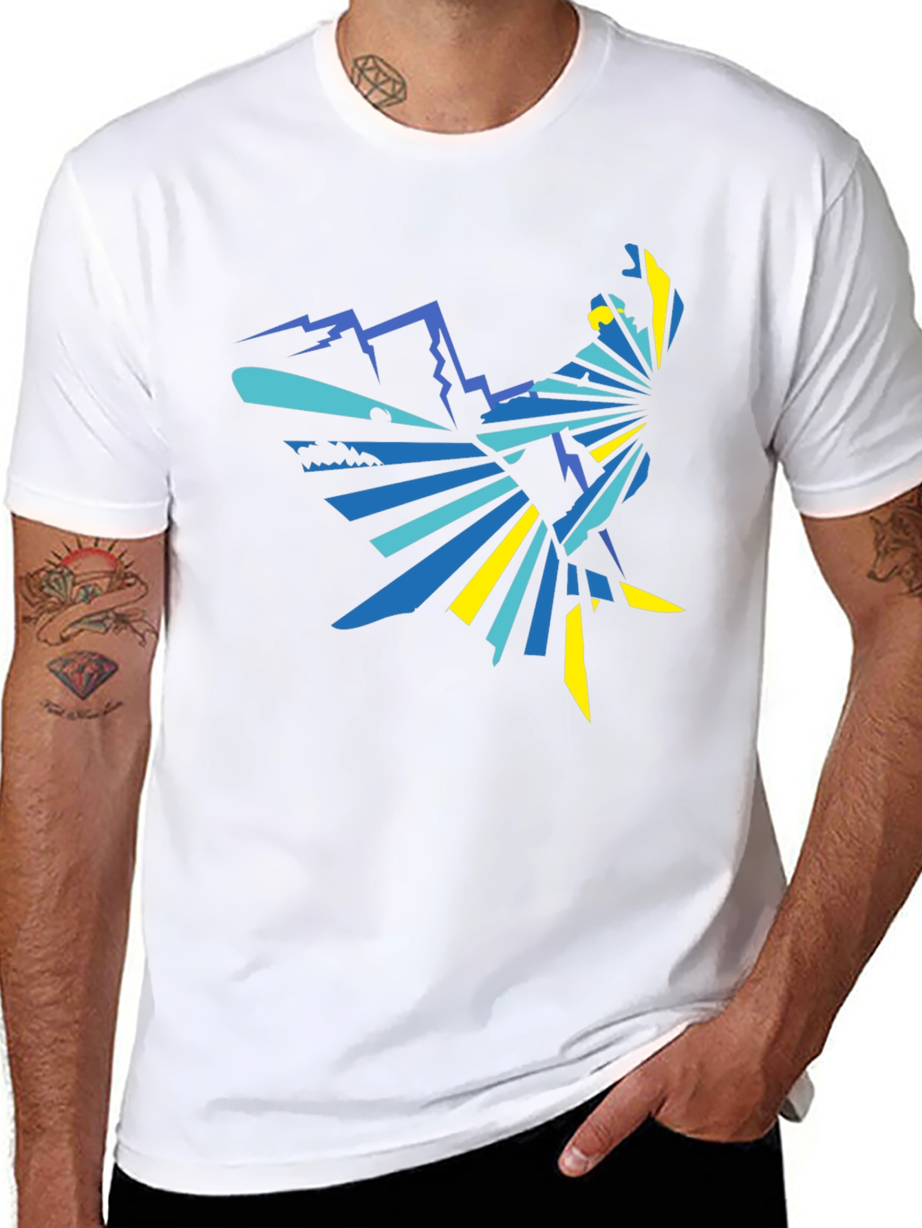 Geometric Mountain & Bird Graphic Tee - Black