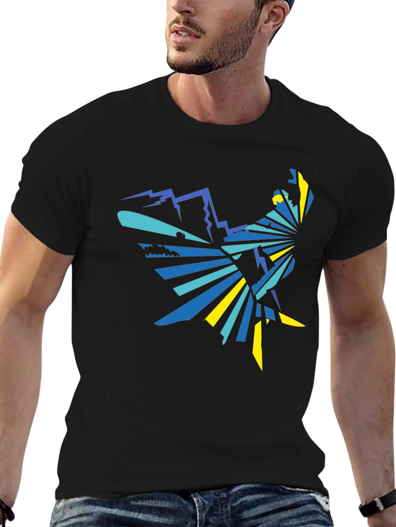 Geometric Mountain & Bird Graphic Tee - Black