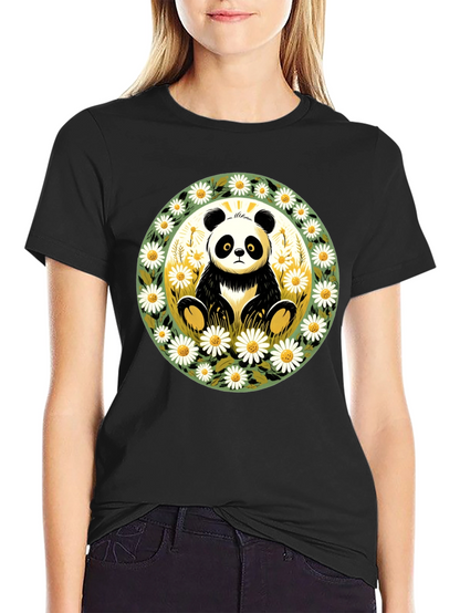 Panda Surrounded by Daisies Black T-Shirt