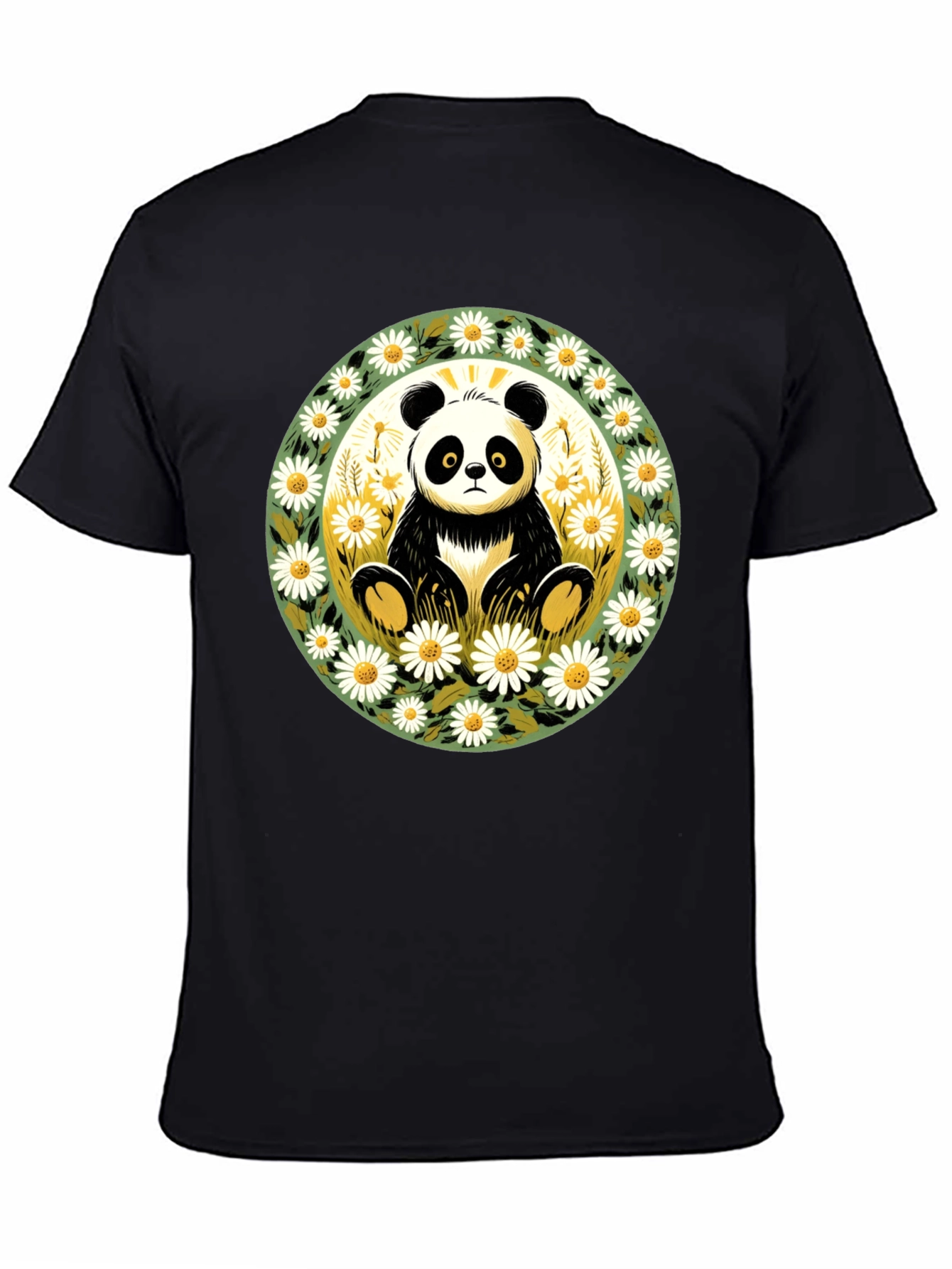 Panda Surrounded by Daisies Black T-Shirt